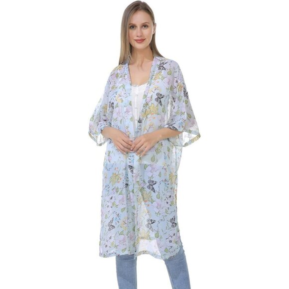 Women’s Chiffon Kimono Polyester Open Front Duster Kimono Beach  Cover Up - Picture 3 of 5
